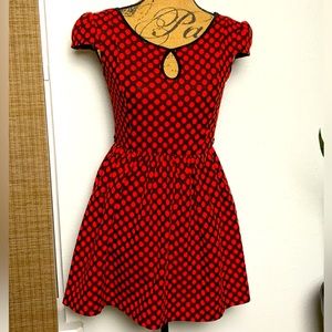 Red & Black Polka Dot Flare Dress, Sz S